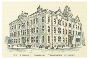Schwarz-weiß-Zeichnung des St. Louis Manual Training School-Gebäudes mit mehreren Personen davor und Text unten.