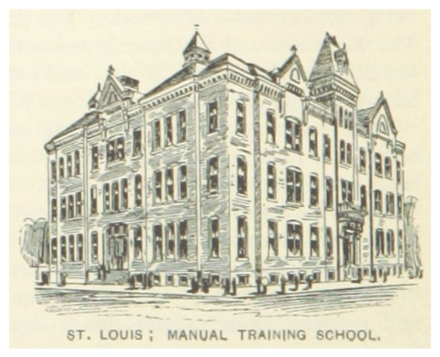 Schwarz-weiß-Zeichnung des St. Louis Manual Training School-Gebäudes mit mehreren Personen davor und Text unten.
