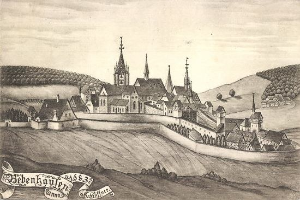 Schwarz-weiß-Zeichnung einer Stadt mit einer Burg in der Mitte, umgeben von H├Ąusern, B├Ąumen, H├Ąngen und einem Himmel, mit dem Wort "Bayerisch" unten.