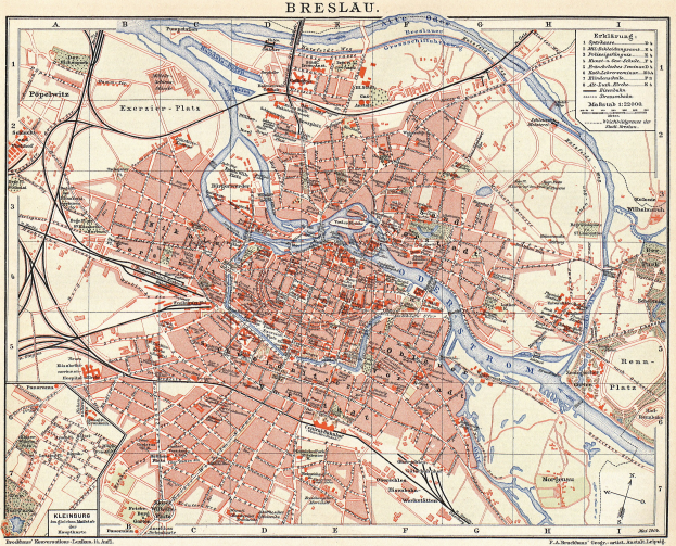 Ein detaillierter alter Stadtplan von Breslau, Deutschland, mit Straßen, Gebäuden, Landmarken und Texten, die Informationen über die Bevölkerung, Landmarken und Straßen der Stadt liefern.