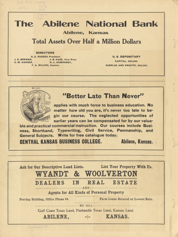 Schwarze und weiße Zeitungsanzeige für die Abilene National Bank mit einem zentralen Porträt und umgebendem Text, der die Bankdienste beschreibt.