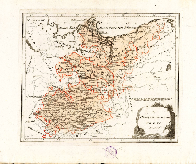 Eine alte Deutschlandkarte mit den Provinzen Deutschlands und Österreichs in Rot hervorgehoben, auf Papier gedruckt mit Text und einem Stempel unten.