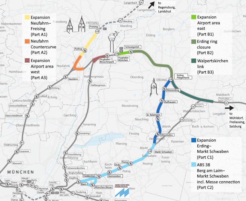 Ein detaillierter Stadtplan mit einer hervorgehobenen Bahnroute von München nach Frankfurt, der Haltepunkte, die Umgebung und Bahninformationen zeigt.