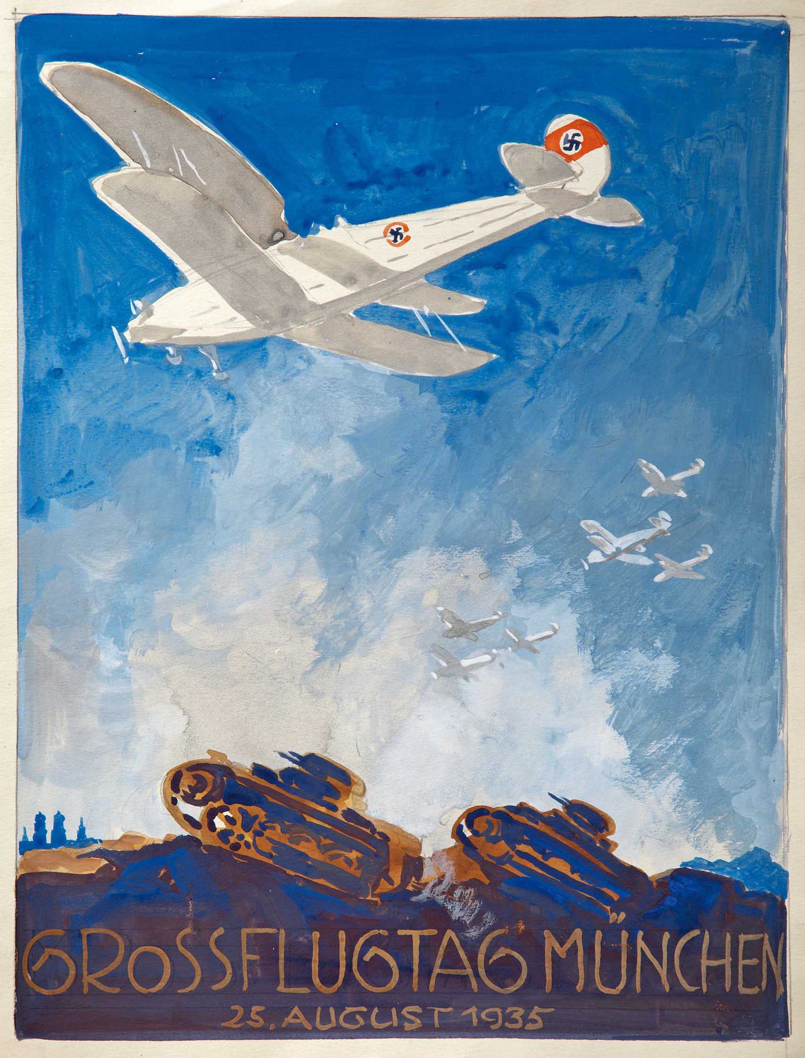 Plakat für das "Grossflugtag München"-Event am 25. August 1935, das ein Flugzeug zeigt, das durch den Himmel fliegt, während andere Flugzeuge im Hintergrund zu sehen sind.
