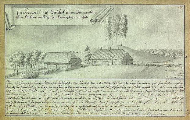 Ein verblichenes Dokument mit der Aufschrift "Surgensburg, Deutschland - Landschaft einer Farm" und einer Zeichnung einer Farm in der Mitte, umgeben von Häusern, Bäumen und einem Himmel.