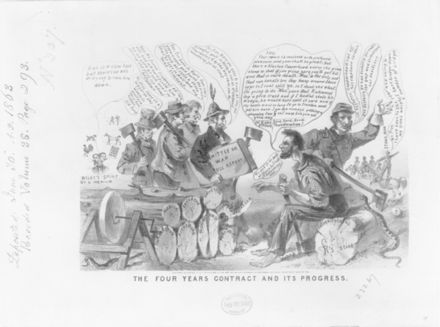 Ein Cartoon auf Papier mit der Überschrift "Der Vierjahresvertrag und sein Fortschritt", der eine Vierjahresvertrag-Zeitleiste zeigt.