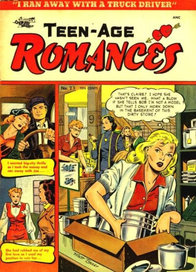 Ein farbenfroher DC-Comics-Plakat titled "Teen-Age Romances 23-A", das eine Gruppe von Menschen in einer fröhlichen, romantischen Umarmung zeigt mit fetter, bunter Schrift.