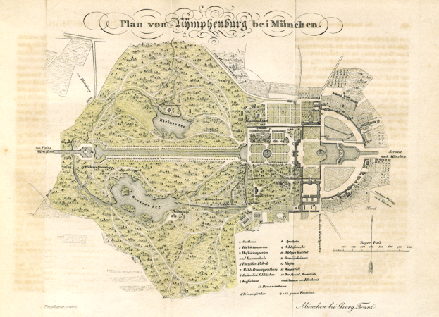 Ein alter Stadtplan von München, Deutschland, mit einer detaillierten Planung eines Parks und begleitendem Text, der das Layout des Parks beschreibt.