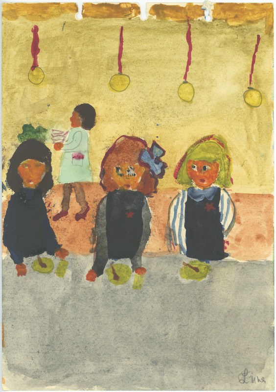 Gemälde von drei Kindern in Festkleidung, die auf einer Bank vor einer Wand mit Weihnachtsornamenten, bunten Orchideen und anderen Festdekorationen sitzen und strahlen.