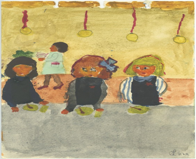 Gemälde von drei Kindern in Festkleidung, die auf einer Bank vor einer Wand mit Weihnachtsornamenten, bunten Orchideen und anderen Festdekorationen sitzen und strahlen.