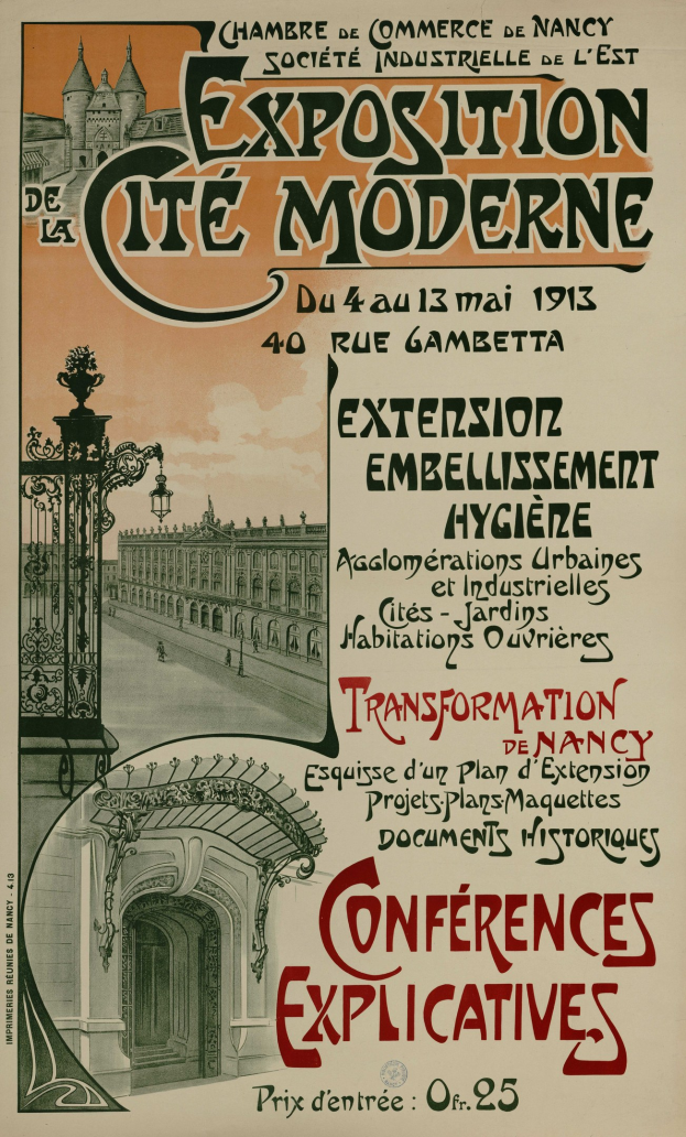 Ein Plakat, das eine Ausstellung in Cite Moderne ankündigt, mit einem Gebäude, einem Tor und einem bewölkten Himmel, sowie Text mit Ausstellungseinzelheiten.