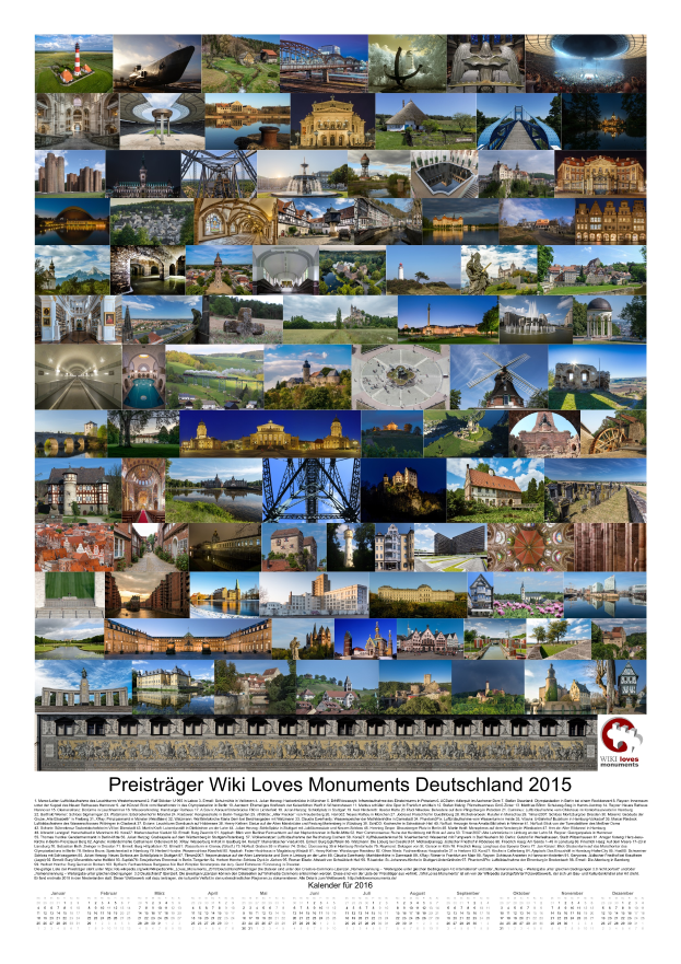 Ein 2015 Kalender mit einer Collage deutscher Denkmäler mit der Aufschrift "Preisträger Wiki Loves Monuments Deutschland 2015".