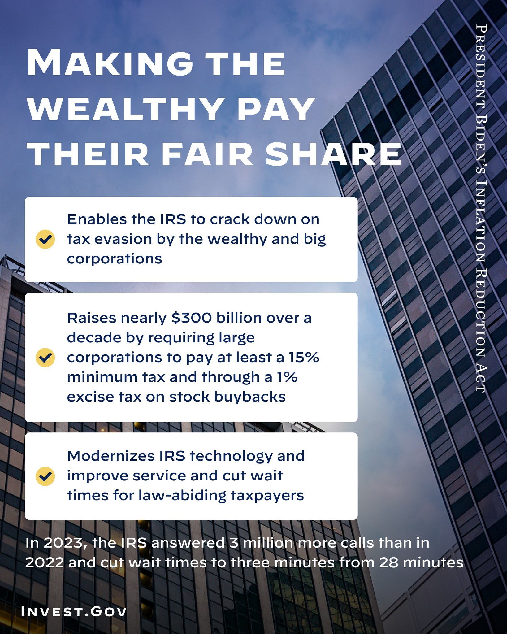 Plakat mit Gebäuden und bewölktem Himmel im Hintergrund, Text lautet "Die Reichen sollen ihren gerechten Anteil bezahlen."