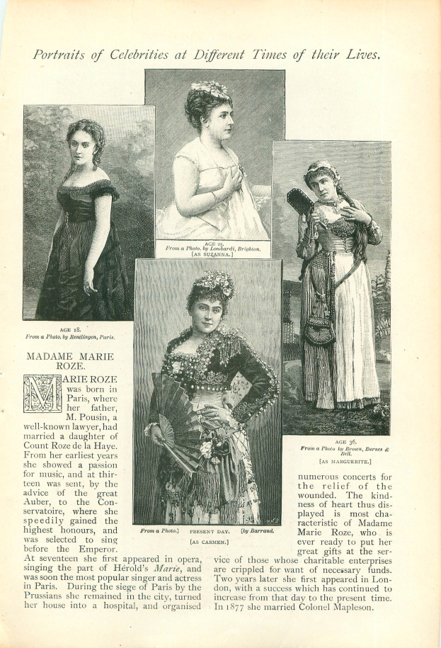 Ein altes Buch mit dem Titel "Porträts von Prominenten zu verschiedenen Zeiten ihres Lebens" mit einem Bild einer Frau in einem langen, wallenden Kleid mit einem hohen Kragen und langen Ärmeln, ihr Haar ist zurückgebunden und sie hat einen sanften Gesichtsausdruck.