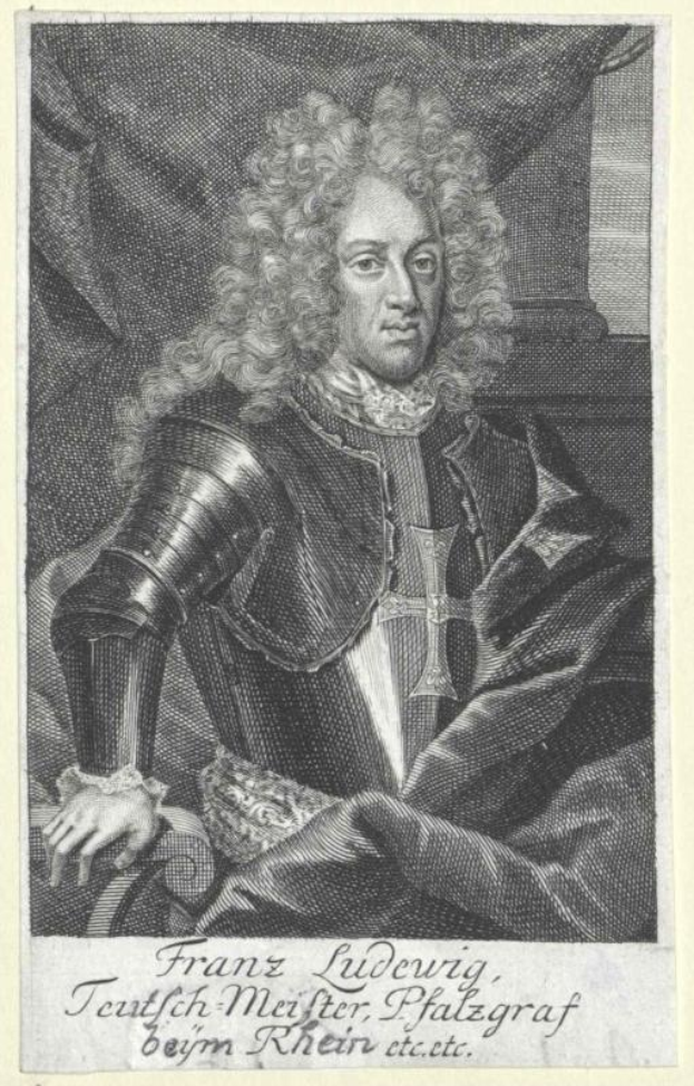 Eine Schwarz-Weiß-Radierung eines Mannes in detaillierter Rüstung, identifiziert als Franz Ludwig, König von Bayern, mit einem königlichen und würdevollen Gesichtsausdruck.