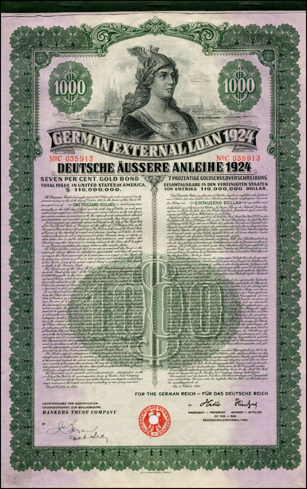 Deutsches Auslandsanleihe-Zertifikat aus dem Jahr 1924 mit einem Porträt einer Frau, mit gedrucktem Text und numerischen Nennbetragsdetails.