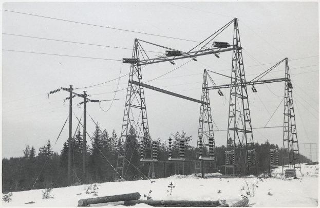 Ein Schwarz-Weiß-Foto einer Stromleitung im Schnee mit Strommasten, Drähten, Bäumen im Hintergrund und Holzscheiten unten.