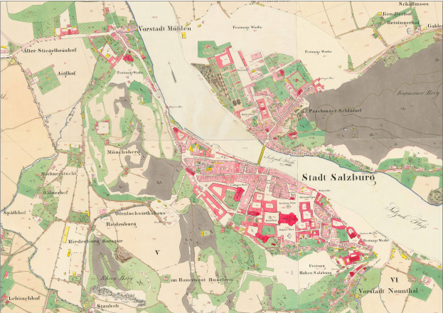 Ein detailliertes altes Stadtplan von Salzburg, Österreich, mit Straßen, Gebäuden und Sehenswürdigkeiten sowie Text oben und unten.