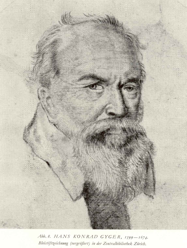 Ein Schwarz-Weiß-Zeichnung von Hans Konrad Gyger, einem deutschen Philosophen mit langem Bart, mit Text unten.