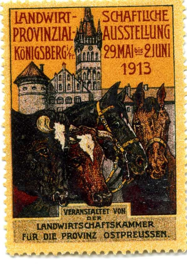 Deutscher Briefmarkenstempel aus etwa 1913 mit drei Kühen und einem Schloss, auf dem der Text "Landwirtschaftskammer" gedruckt ist.