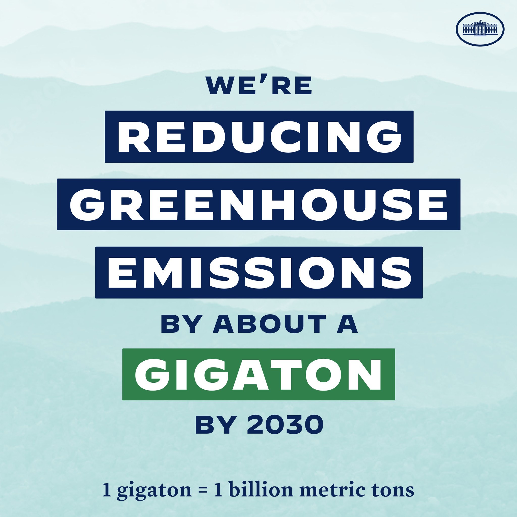 Plakat mit Text und Logo, das "Wir reduzieren die Treibhausgasemissionen um etwa eine Gigatonne bis 2030" verkündet und für die Reduzierung von Treibhausgasen bis 2030 wirbt.