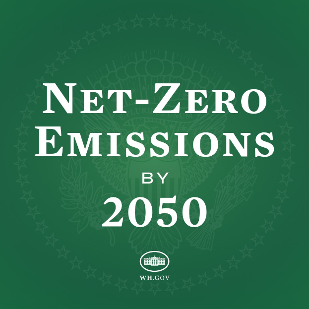 Text "net-zero emissions by 2050" in white on a green background.