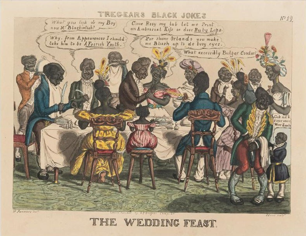 Eine Gruppe von Menschen in traditioneller afrikanischer Kleidung sitzt um einen Tisch bei einem Hochzeitsfest, mit Tellern, Gläsern und geschriebenem Papier, das eine fröhliche Feier vermittelt.