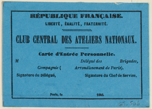 Eine blaue Karte mit der Aufschrift 'Club Central des Ateliers Nationalaux'.