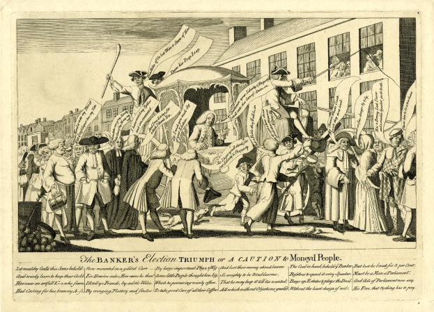 Eine Gruppe von Menschen vor einem Gebäude stehend, einige halten Fahnen und Schilder, mit Text unten lesend "Der Wahlsieg des Bankers oder eine Warnung für Geldleute."