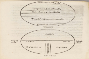 Ein aufgeschlagenes Buch mit einer Abbildung von zwei verbundenen Kreisen, die mit 'Asien' und 'Europa' beschriftet sind, mit Pfeilen, die ihre Beziehung anzeigen, in schwarzer Tinte geschrieben.