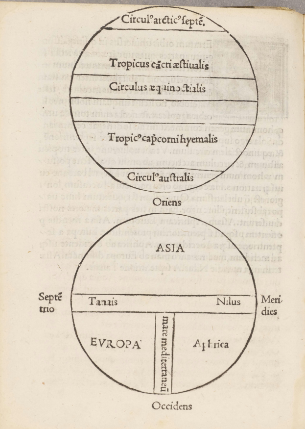 Ein aufgeschlagenes Buch mit einer Abbildung von zwei verbundenen Kreisen, die mit 'Asien' und 'Europa' beschriftet sind, mit Pfeilen, die ihre Beziehung anzeigen, in schwarzer Tinte geschrieben.