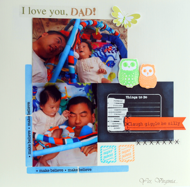 Eine Grußkarte mit zwei Bildern: einem Mann, der ein Baby in einer Wiege hält, und einem Baby mit einem Mann, mit zwei Eulen auf der rechten Seite und Text.