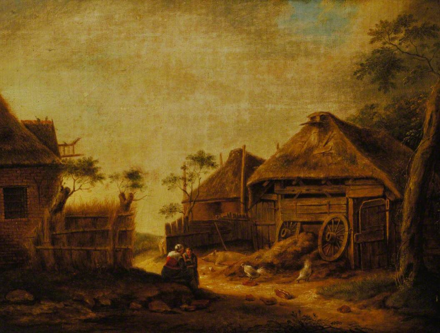 Ein Gemälde namens 'Landschaft mit einem Farmer und seiner Frau' von Johannes Vermeer, das eine Dorfszene mit einem Mann und einer Frau im Vordergrund zeigt, umgeben von Hütten, Bäumen und einem Wagen, unter einem bewölkten Himmel mit einem grasigen und steinigen Boden.