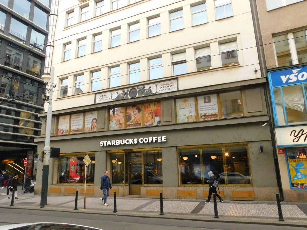 Ein Starbucks-Kaffee-Laden an einer Straßenecke in Berlin mit Passanten, einem vorbeifahrenden Auto, Strommasten und Gebäudeschilden.