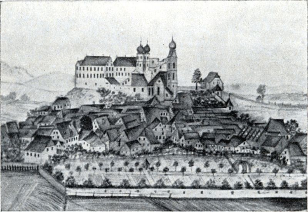 Schwarze und weiße Zeichnung einer 19. Jahrhundert-Bayerischen Stadt mit einem Schloss, Häusern und Bäumen, beschriftet mit "Bavaria, Germany in the 19th century."