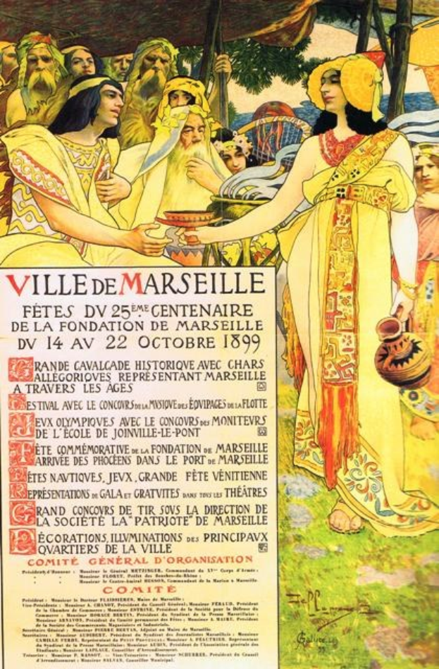 Plakat aus dem Jahr 1899, das ein Fest in Marseille, Frankreich, ankündigt und eine Gruppe von Menschen mit Bäumen im Hintergrund und Text mit Festivaldetails zeigt.