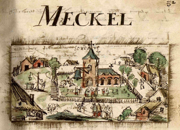 Ein abgenutztes Buch mit einer Illustration einer mittelalterlichen Stadt, einschließlich Häuser, Bäume und Menschen, begleitet von beschreibendem Text.