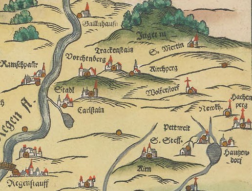 Alte Karte von Köln, Deutschland, mit üppigen grünen Bäumen, kleinen gemütlichen Häusern und dekorativem Text.