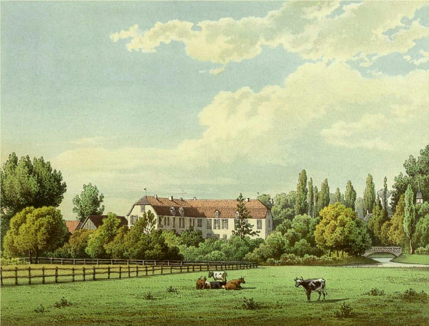 Ein Bild von Kühen, die auf einer Wiese mit einem Holzzaun, Bäumen, Gebäuden mit Fenstern, einer Brücke und einem bewölkten Himmel im Hintergrund grasen, mit der Bezeichnung "Kühe auf der Weide in Wiesbaden, Deutschland".