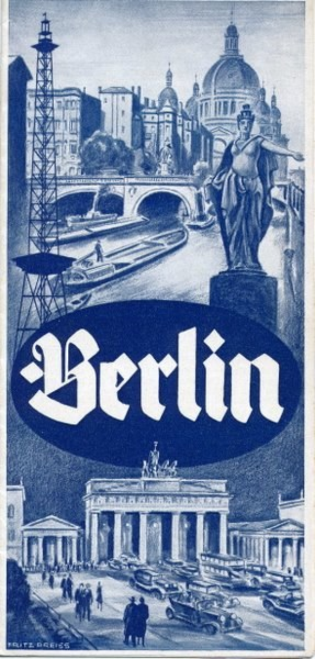 Plakat, das Berlin, Deutschland, bewirbt, mit einer Statue, Gebäuden, einem Turm, Menschen, Fahrzeugen auf der Straße, einer Brücke und Text, der Informationen über die Stadt enthält.