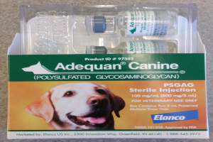 Eine Schachtel Adequan Canine Polysulfated Glycosaminoglycan Sterile Injection, mit einem Hundebild und Produktbeschreibung, auf einer flachen Oberfläche.