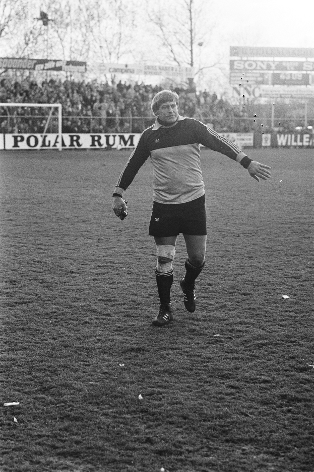 Ein Mann in einem Fußballtrikot steht auf einem Feld umgeben von einer Menge, Torpfosten, Plakaten und Bäumen unter einem klaren Himmel.