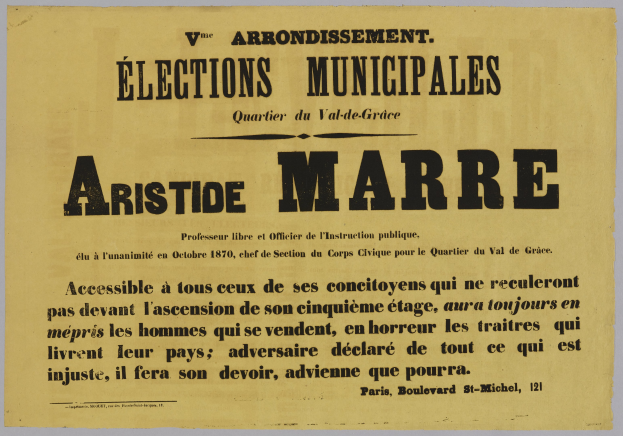 Plakat mit dem Text "Elections Municipales Aristide Marre" auf einem weißen Hintergrund.