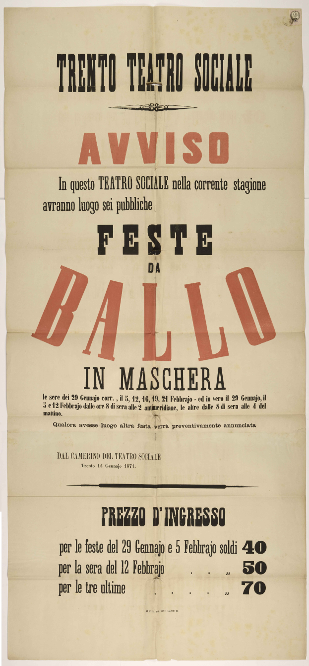 Ein Vintage-Plakat bewirbt ein Festival in Maschera, Italien, mit Text zur Beschreibung des Events.