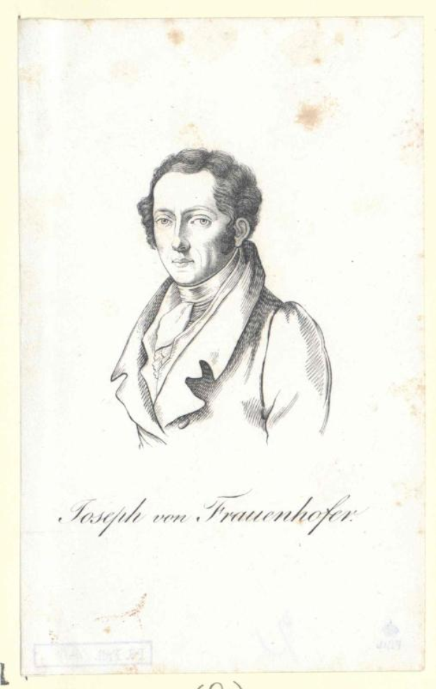 Ein Schwarz-Weiß-Zeichnung von Joseph von Frauenhofer, einem deutschen Komponisten, auf einem Blatt Papier mit Text.