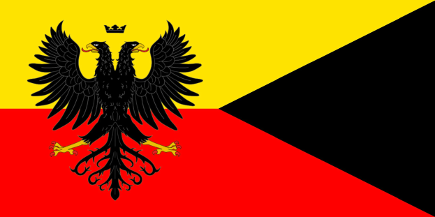 Deutsches Flagge mit einem schwarzen Doppeladler in der Mitte auf rot, gelb und weiß horizontalen Streifen.