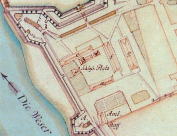 Ein detailliertes altes Stadtplan mit zahlreichen Gebäuden, Straßen und anderen Merkmalen, einschließlich eines Hauses.