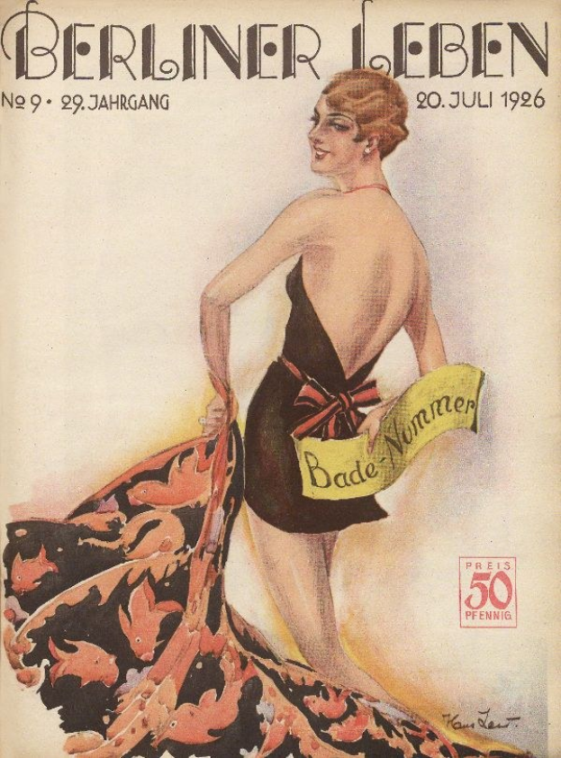Titelbild der Berliner Leben Zeitschrift aus Juni 1926 mit einer Frau in einem Badeanzug, die ein Tuch hält, und dem Zeitschriftennamen oben drauf.