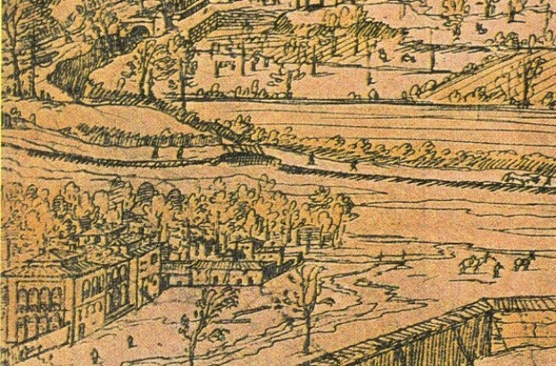 Ein detailliertes Stadtlandschaftsbild mit einem gewundenen Fluss, umgeben von üppigen grünen Bäumen und hohen Gebäuden, das eine friedliche Atmosphäre vermittelt.