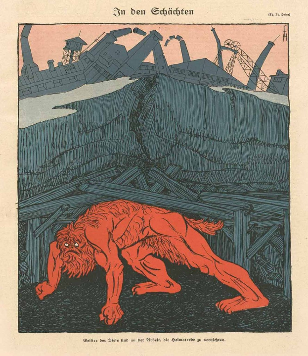 Illustration eines bedrohlichen Werwolfs in Kampfstellung vor einem rauchenden Fabrikgebäude mit einem Plakat, das den Werwolf und fett geschriebenen Text im Hintergrund unter einem tiefblauen Himmel zeigt.